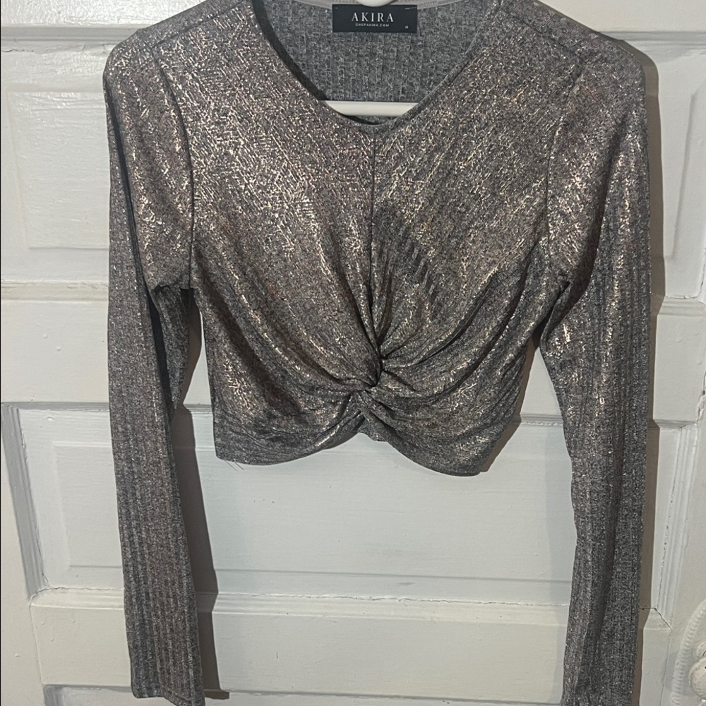 AKIRA Shimmering Twist-Front Crop Top - Metallic Gray